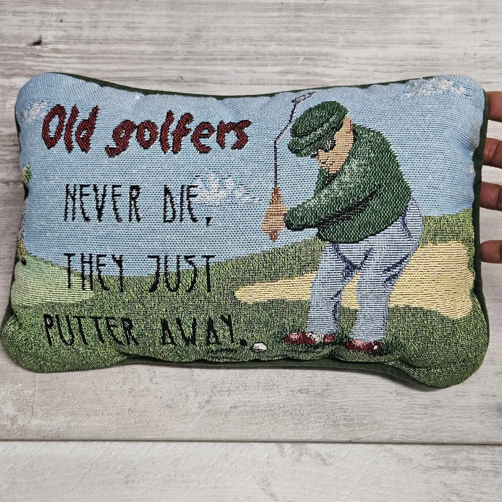 Needlepoint Pillow 'Old Golfers Never Die, They Just Putter Away' Decor Gift